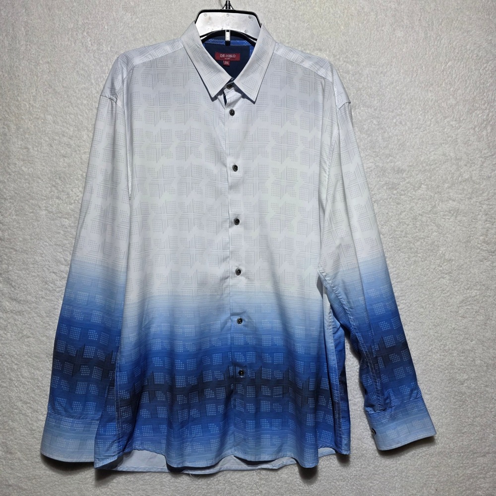 De-Niko Mens 2XL Blue White Ombre Geometric Long Sleeve Button Down Shirt